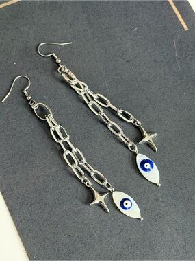 Silver Chain Drop Earrings with Blue Evil Eye abalone shell witchy boho style